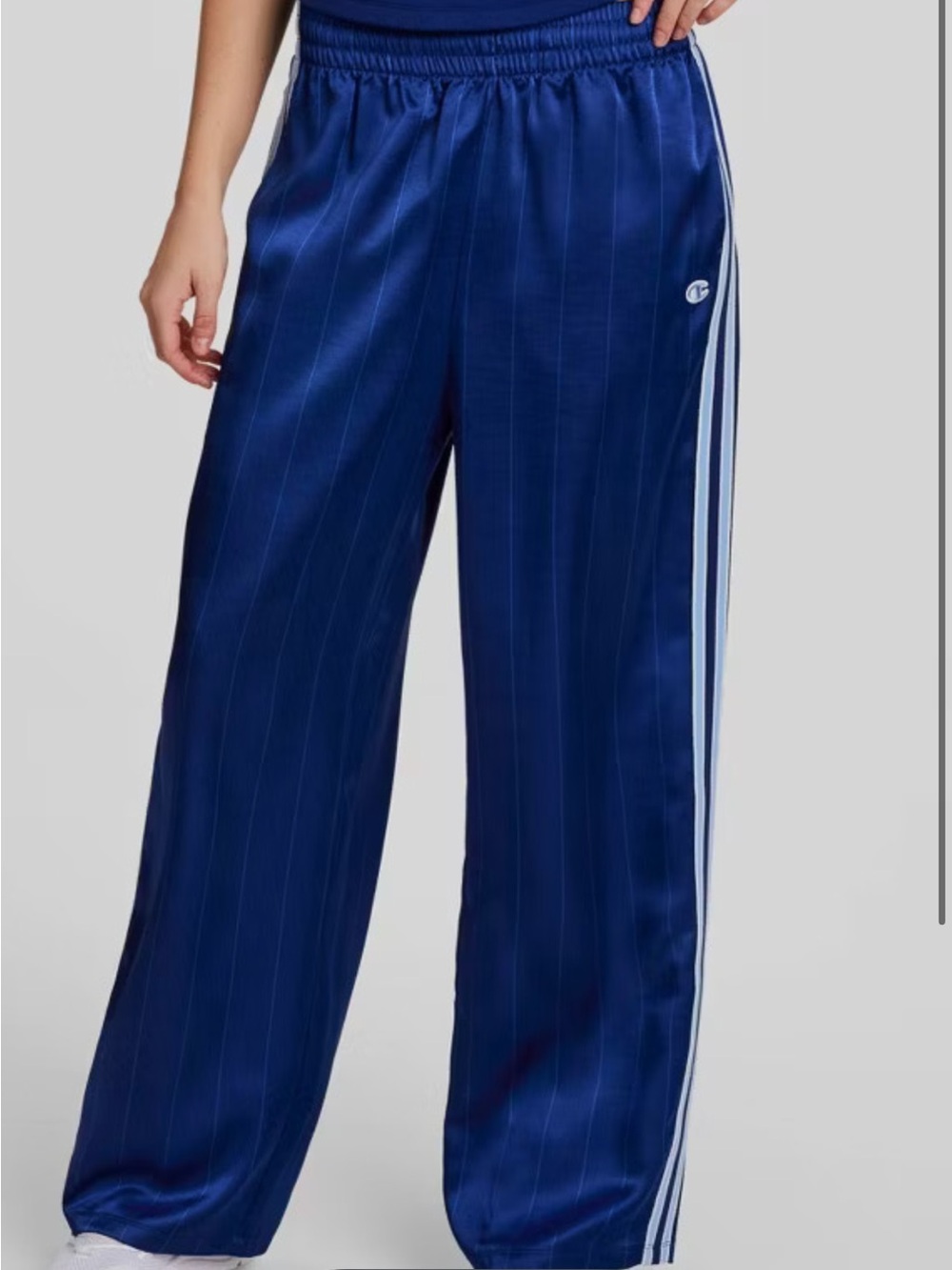 Champion Wide-Leg Satin Track Pants in Royal Blue with White Stripes
